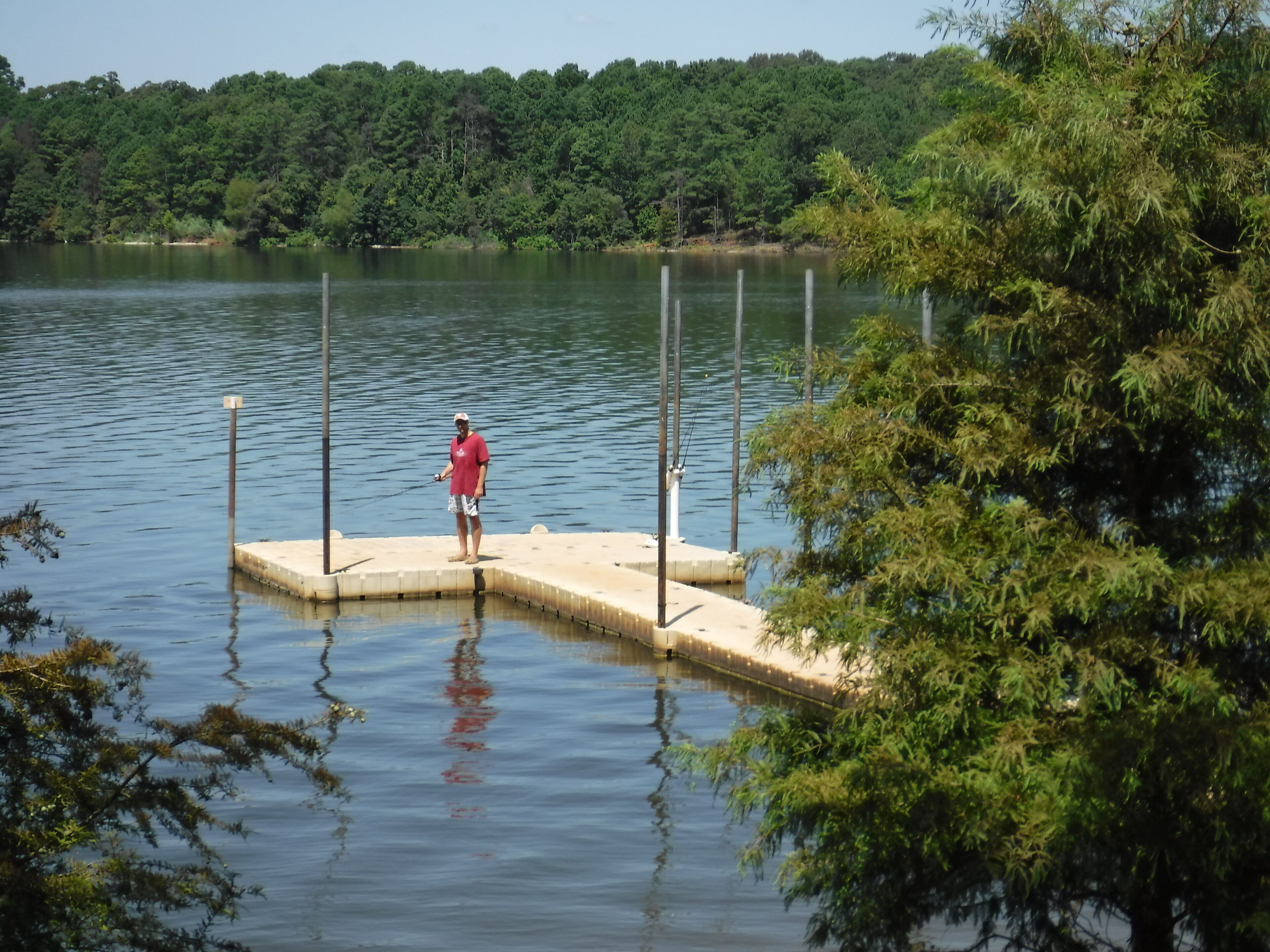 A dock extending into a calm lake surrounded by dense forest.