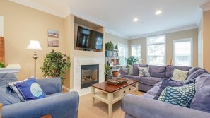 TV connectée, cheminée, lecteur de DVD, livres