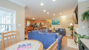 Smart TV, fireplace, DVD player, books