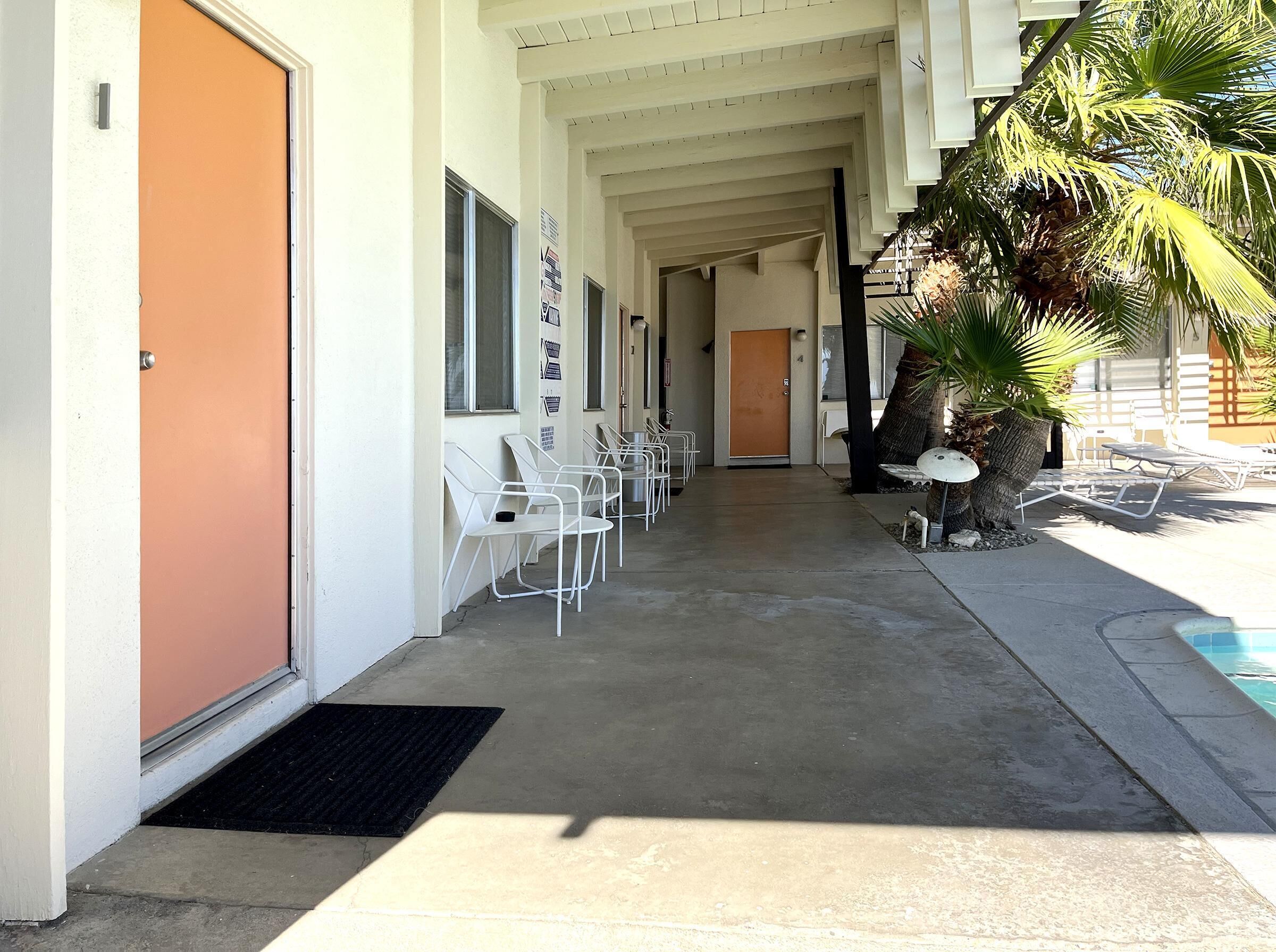 A hotel corridor with white chairs, a palm tree, and a pool area.