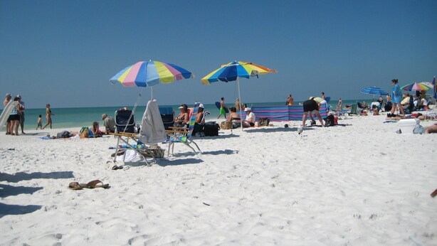 A beach with multiple colorful umbrellas, beach chairs, and people relaxing.