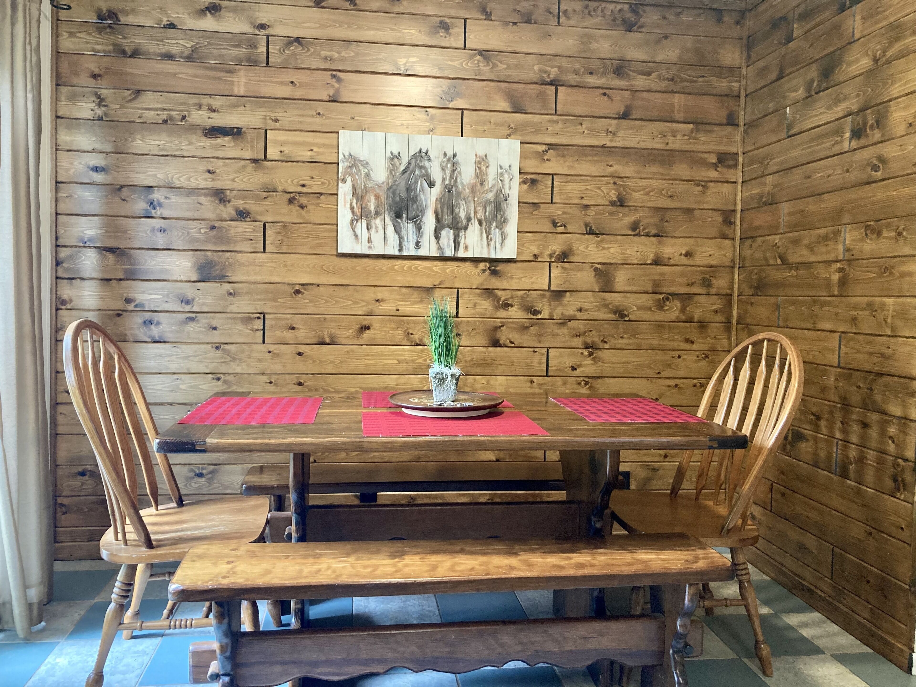 A wooden dining table with a red placemat, two wooden chairs, and a small plant centerpiece.