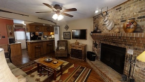 Flat-screen TV, fireplace, DVD player