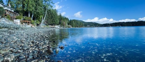 On the beach, sun-loungers