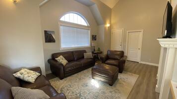 TV connectée, cheminée, lecteur de DVD, livres