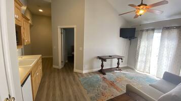 TV connectée, cheminée, lecteur de DVD, livres