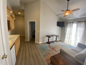 Smart TV, fireplace, DVD player, books