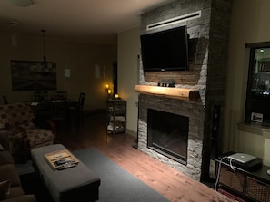 Smart TV, fireplace, video games, DVD player