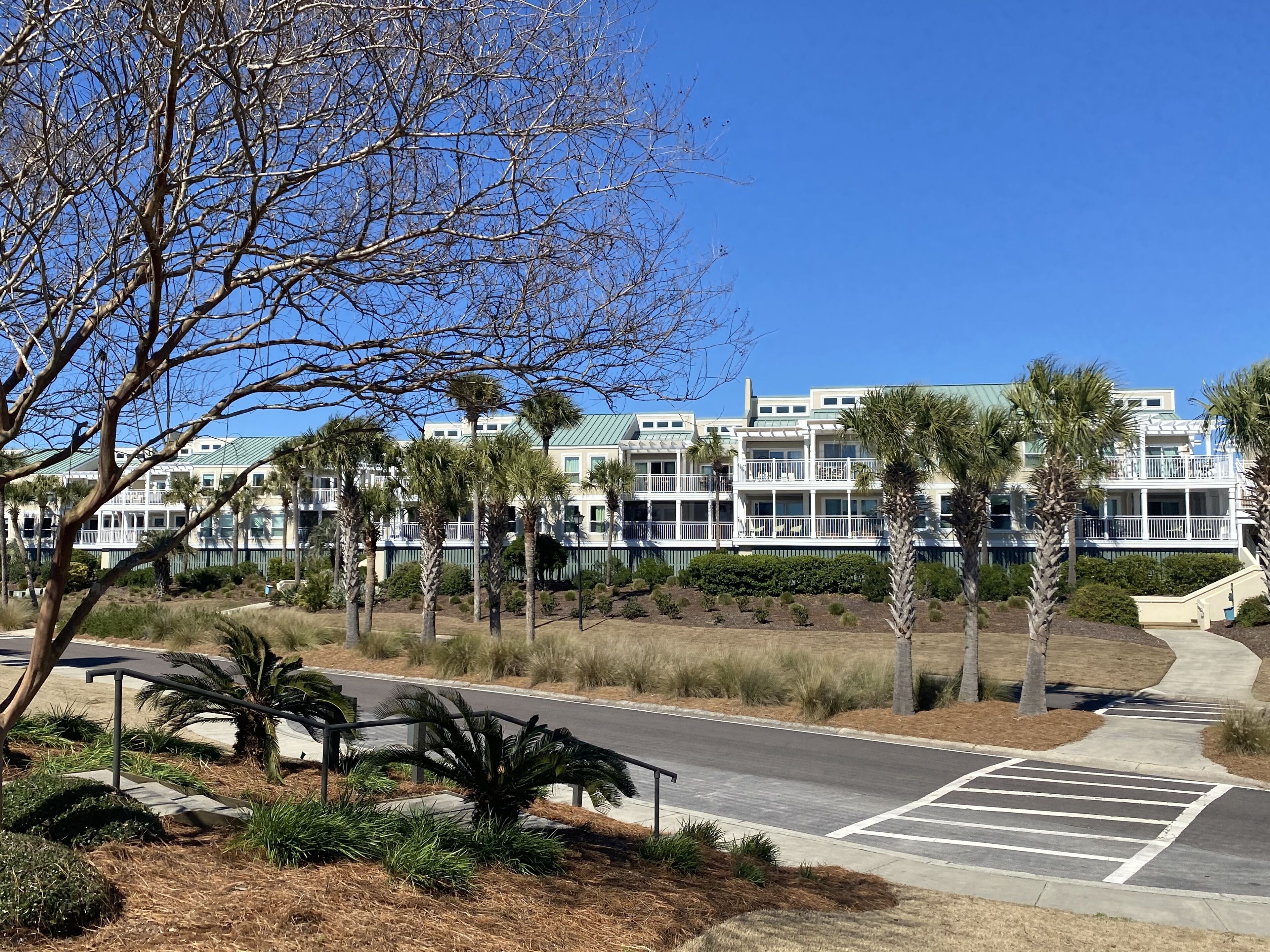 A multi-story hotel with balconies, palm trees, and a parking lot.
