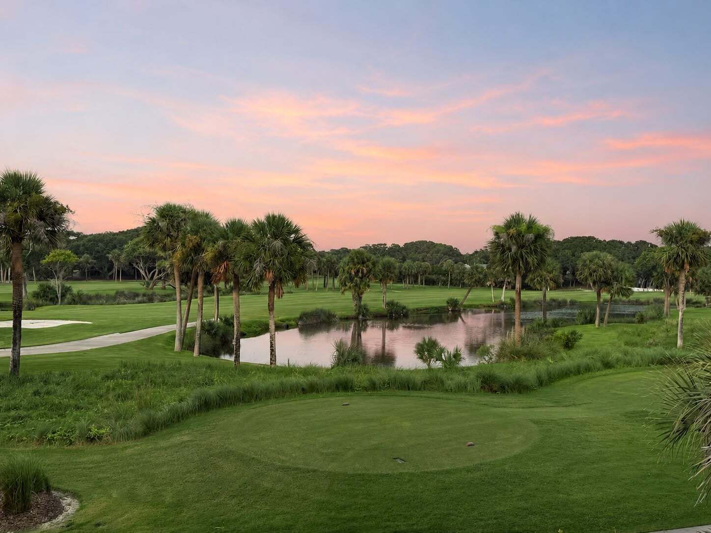 A golf course with a pond, palm trees, and a clear sky.