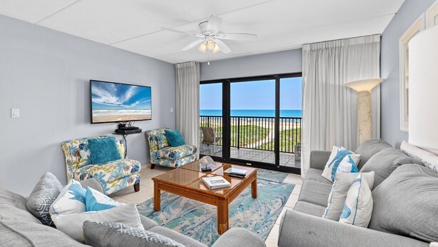 Una sala de estar con un televisor grande, dos sofás, una mesa de centro y un balcón con vista a la playa.