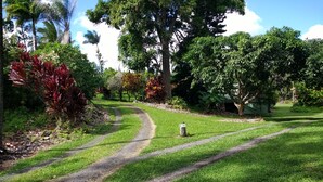 A curved gravel path in a well-maintained grassy area with trees and shrubs.