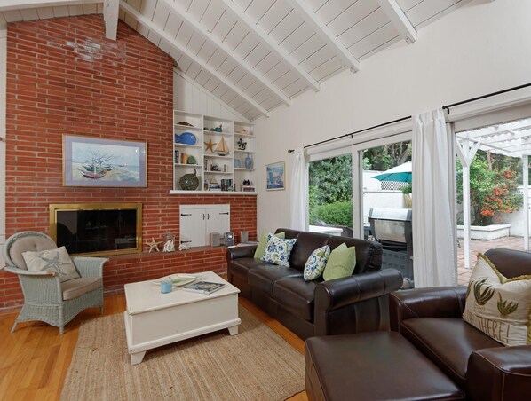 Smart TV, chimenea, reproductor de DVD y libros 