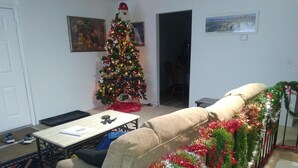 Een woonkamer met een kerstboom, een bank en een gekleurd vloerkleed.