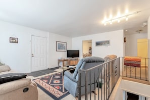 Smart TV, fireplace, DVD player, foosball