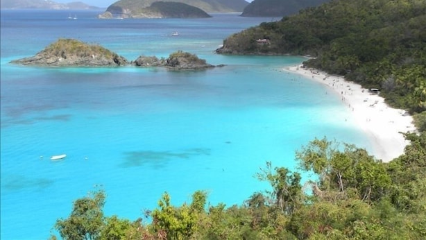 Un paysage côtier avec une plage, une eau turquoise cristalline et une végétation luxuriante.