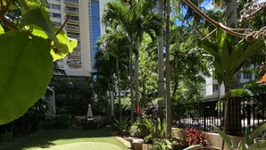 Uma área bem cuidada com grama sintética, rodeada por vegetação exuberante, incluindo palmeiras e diversas plantas.