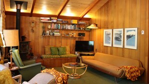 Un acogedor interior de cabaña con detalles de madera, un sofá, un televisor y una estantería.