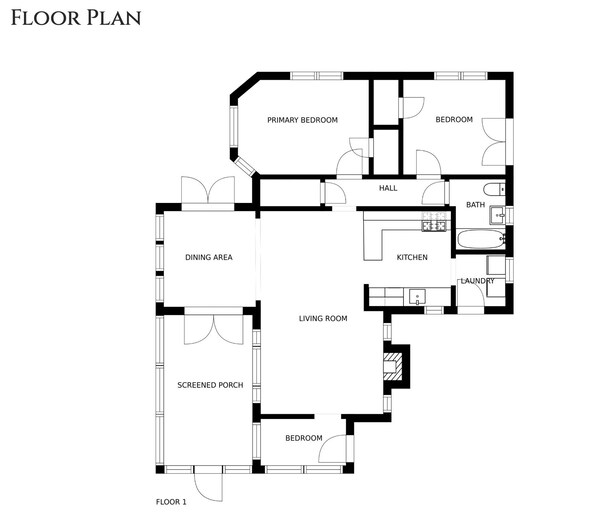 A floor plan with a primary bedroom, secondary bedroom, dining area, living room, screened porch, kitchen, bathroom, and a screened porch.