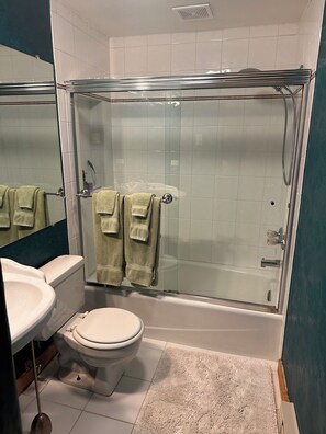 Shower, hair dryer, towels, soap