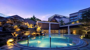 Indoor pool, outdoor pool, open 8:00 AM to 11:30 PM, pool loungers