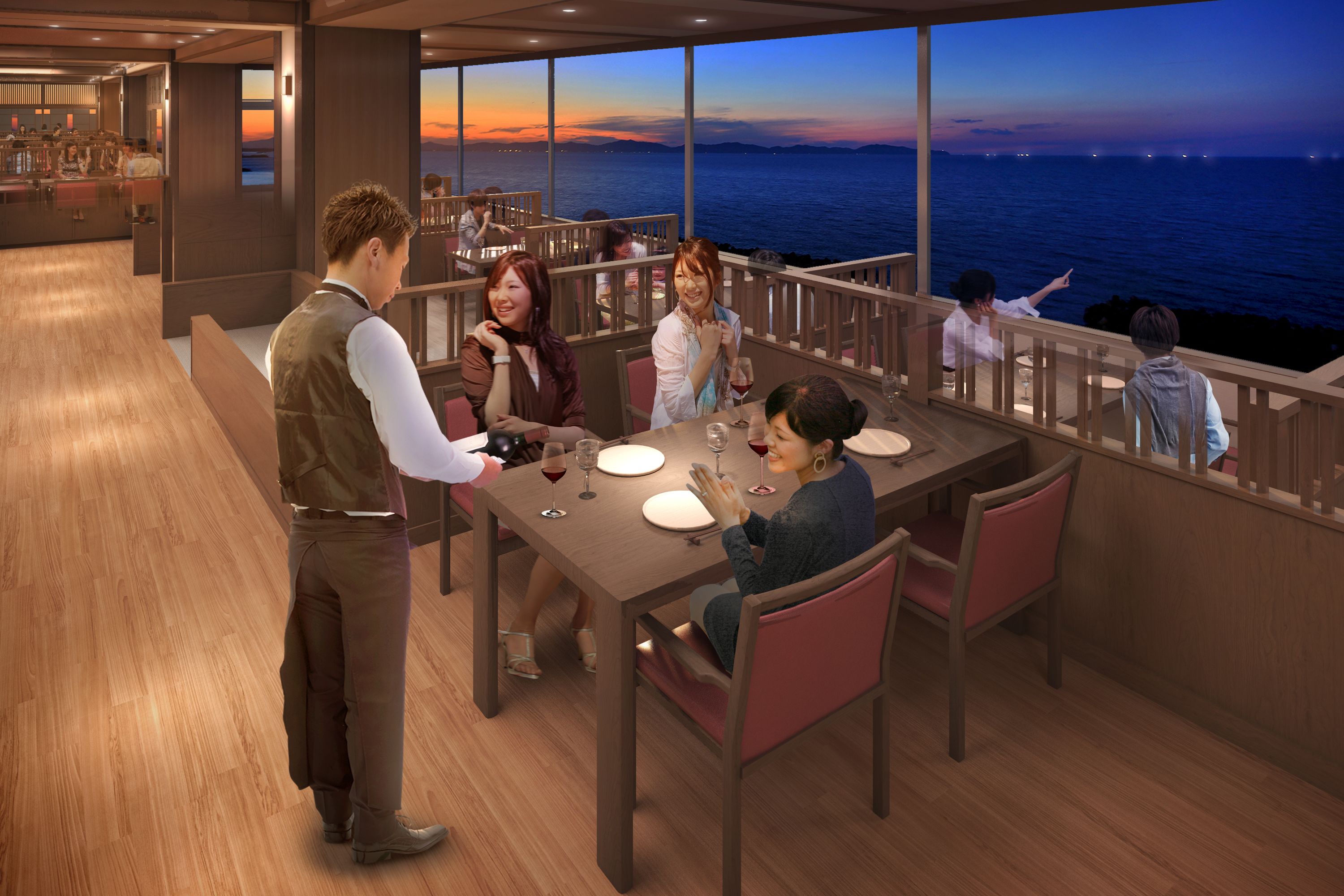 Un restaurant avec vue sur la mer, doté d’un plancher en bois et d’un espace bar.