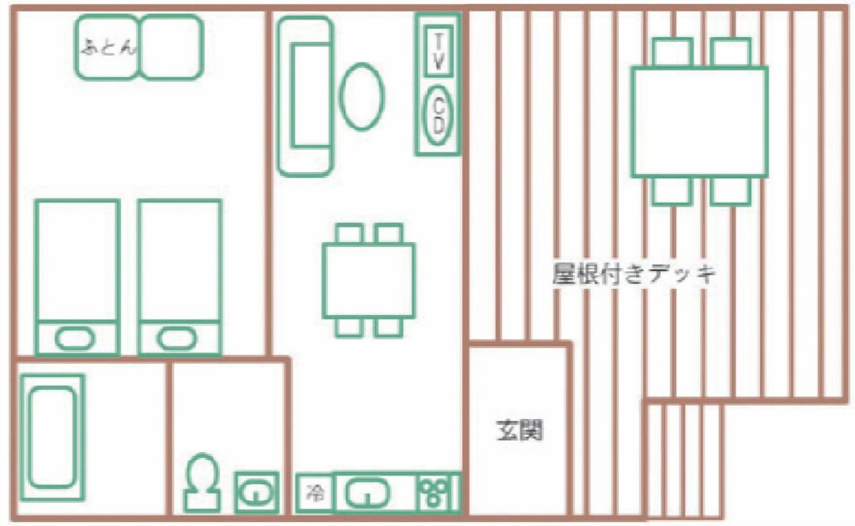 Een plattegrond van een hotel met meerdere kamers, een lobby en een terras.