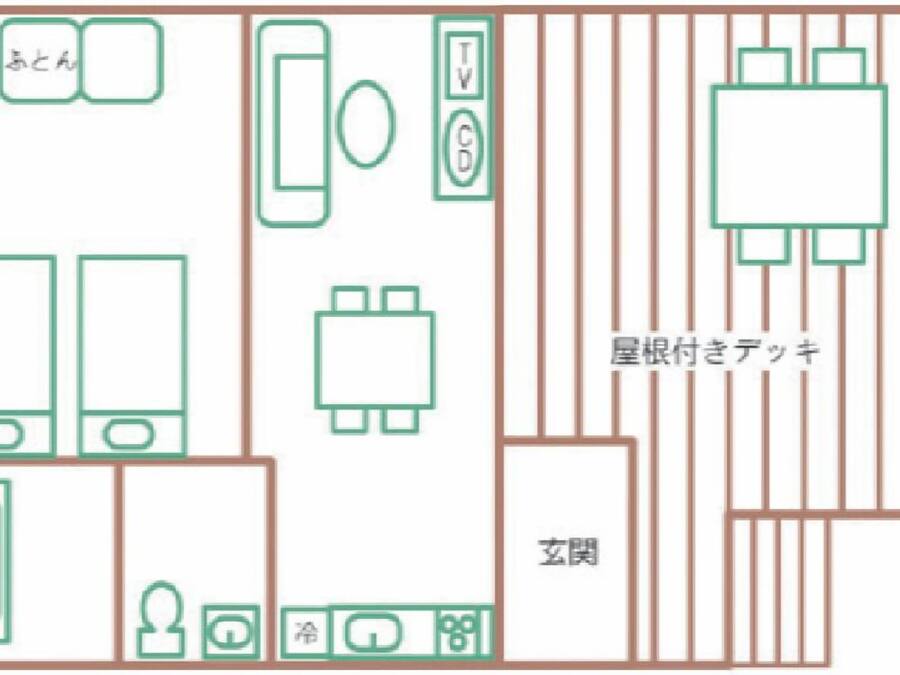 A hotel layout with multiple rooms, a lobby, and a terrace area.
