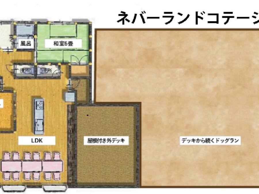 Een plattegrond van een hotel met 10 kamers, een keuken, een lounge en een terras.