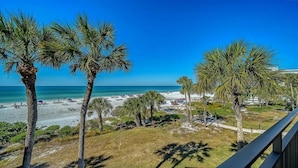 A beach view with palm trees, a sandy beach, and a clear blue sky.