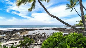 Una playa rocosa con palmeras y vistas al océano.