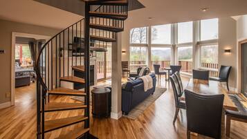 Televisión, chimenea, reproductor de DVD y videoteca