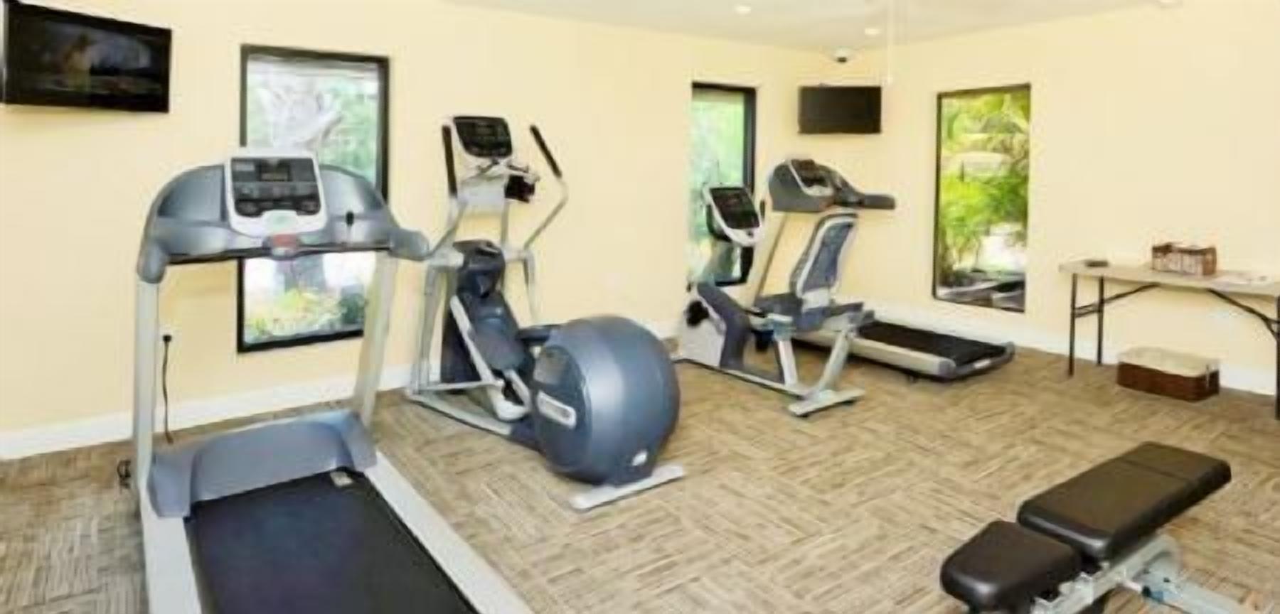 Un gimnasio con cintas de correr, una elíptica, una bicicleta estática y una máquina de remo.