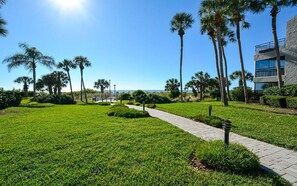 A well-maintained grassy area with a paved walkway, palm trees, and a building with a balcony overlooking the landscape.