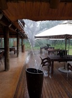 Um deck de madeira ao ar livre com mesas e cadeiras, uma área coberta e vista para uma área arborizada.