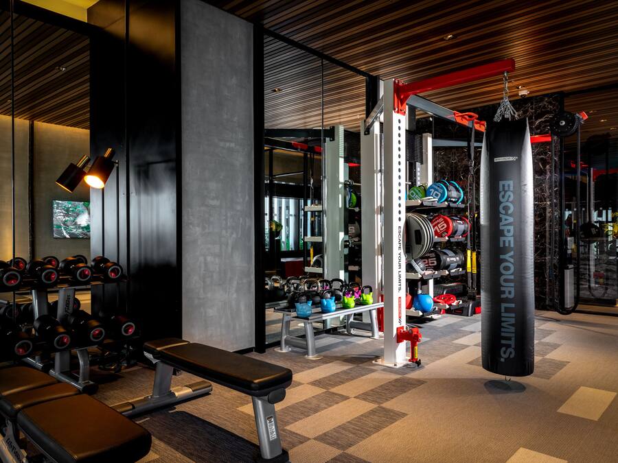A modern gym with weightlifting equipment, benches, and a punching bag.