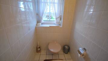 A small bathroom with a toilet, a trash bin, a toilet paper holder, and a window with curtains.