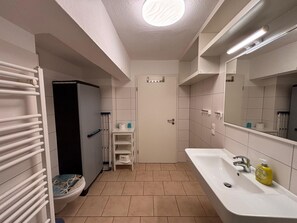 Shower, hair dryer, soap, toilet paper