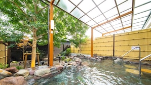 An indoor hot spring area with a wooden fence, rocks, and trees.