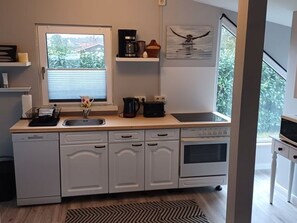 Fridge, microwave, dishwasher