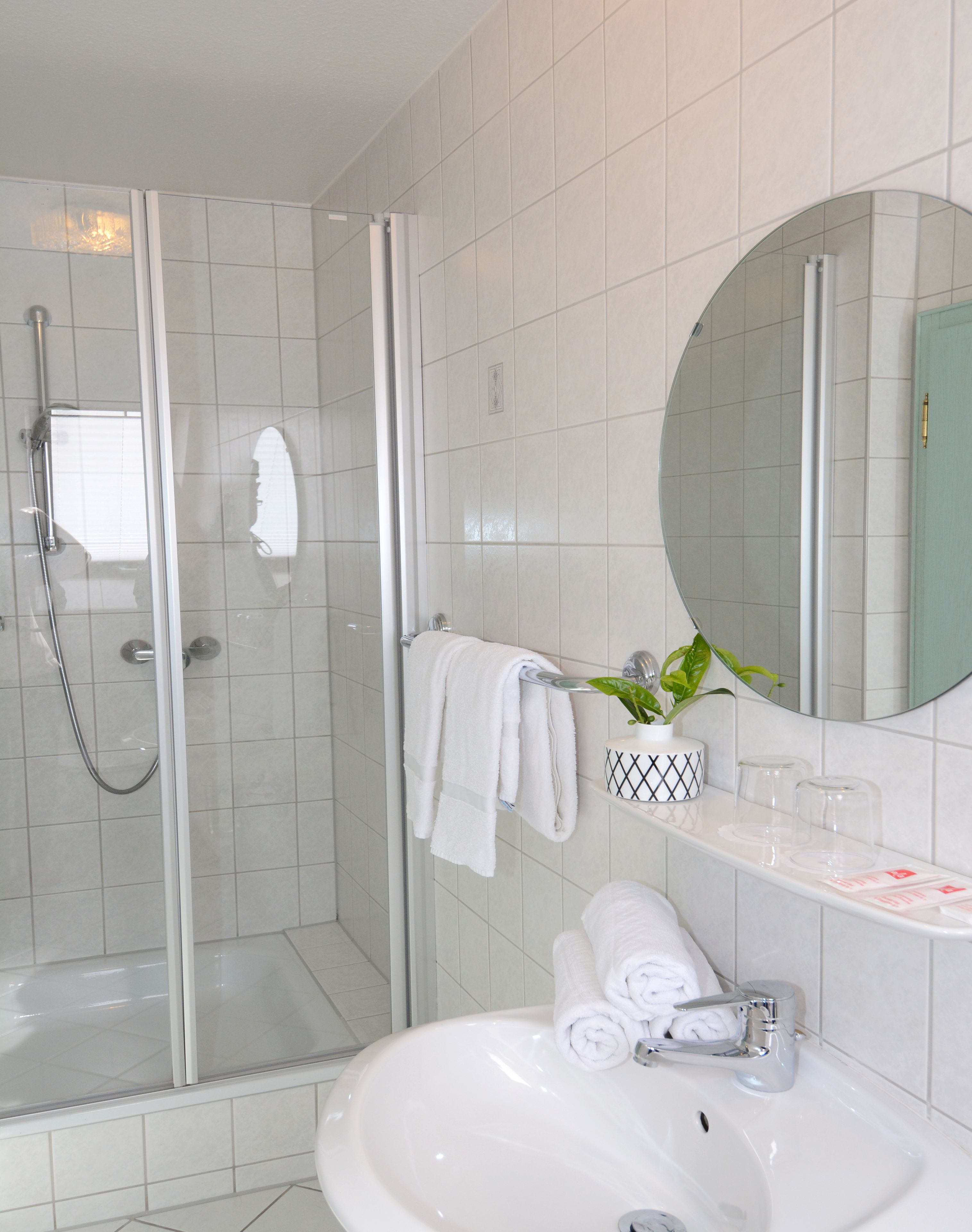 A modern bathroom with a glass-enclosed shower, a white sink, and a mirror above the sink.