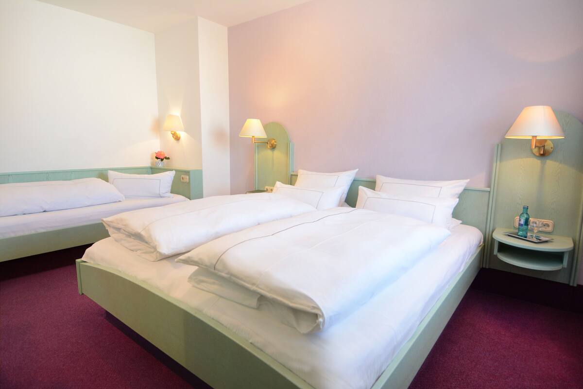 A hotel room with two single beds, each with a nightstand and a lamp.