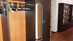 A wooden wardrobe with a mirror, a coat rack with hangers, and a dark door. - Nursat Guest House (Astana)