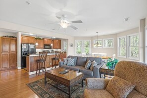 Flat-screen TV, fireplace