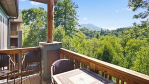 Una terraza de madera con sillas de mimbre y una mesa, con vista a un valle boscoso y una montaña en la lejanía.