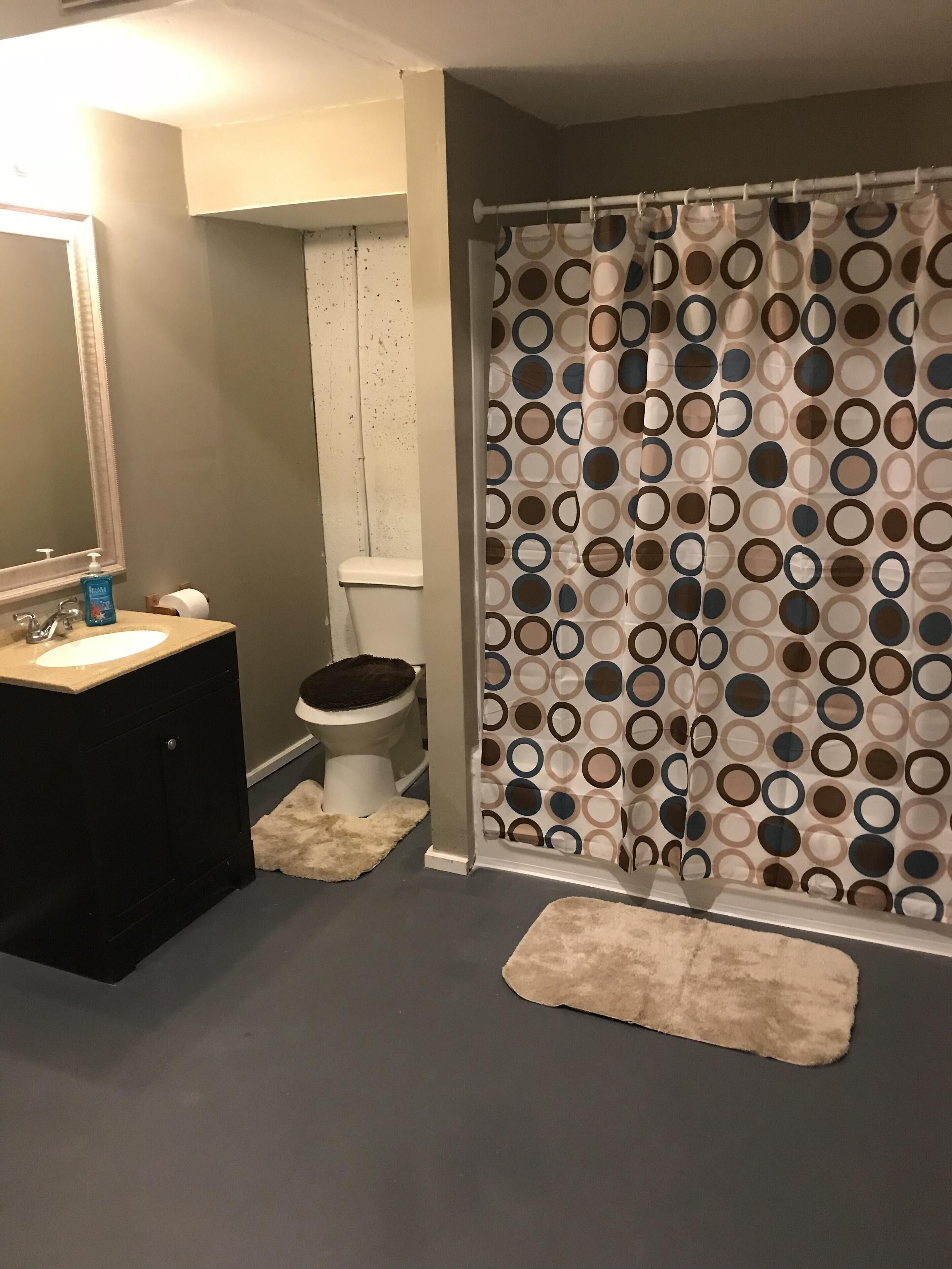 Combined shower/bathtub, towels, soap, toilet paper
