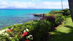 A coastal garden with a view of the ocean and a mountain in the distance. - Kuleana 408 Ground Oceanfront - No Additional Owner Fees and Discounts Available (Lahaina)