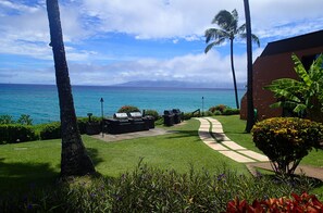 A well-maintained lawn with a barbecue area, a pathway, and a view of the ocean.