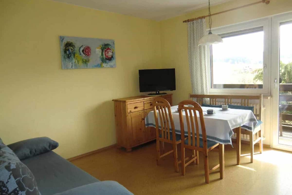 A room with a sofa, a dining table with chairs, a television, and a window with curtains.