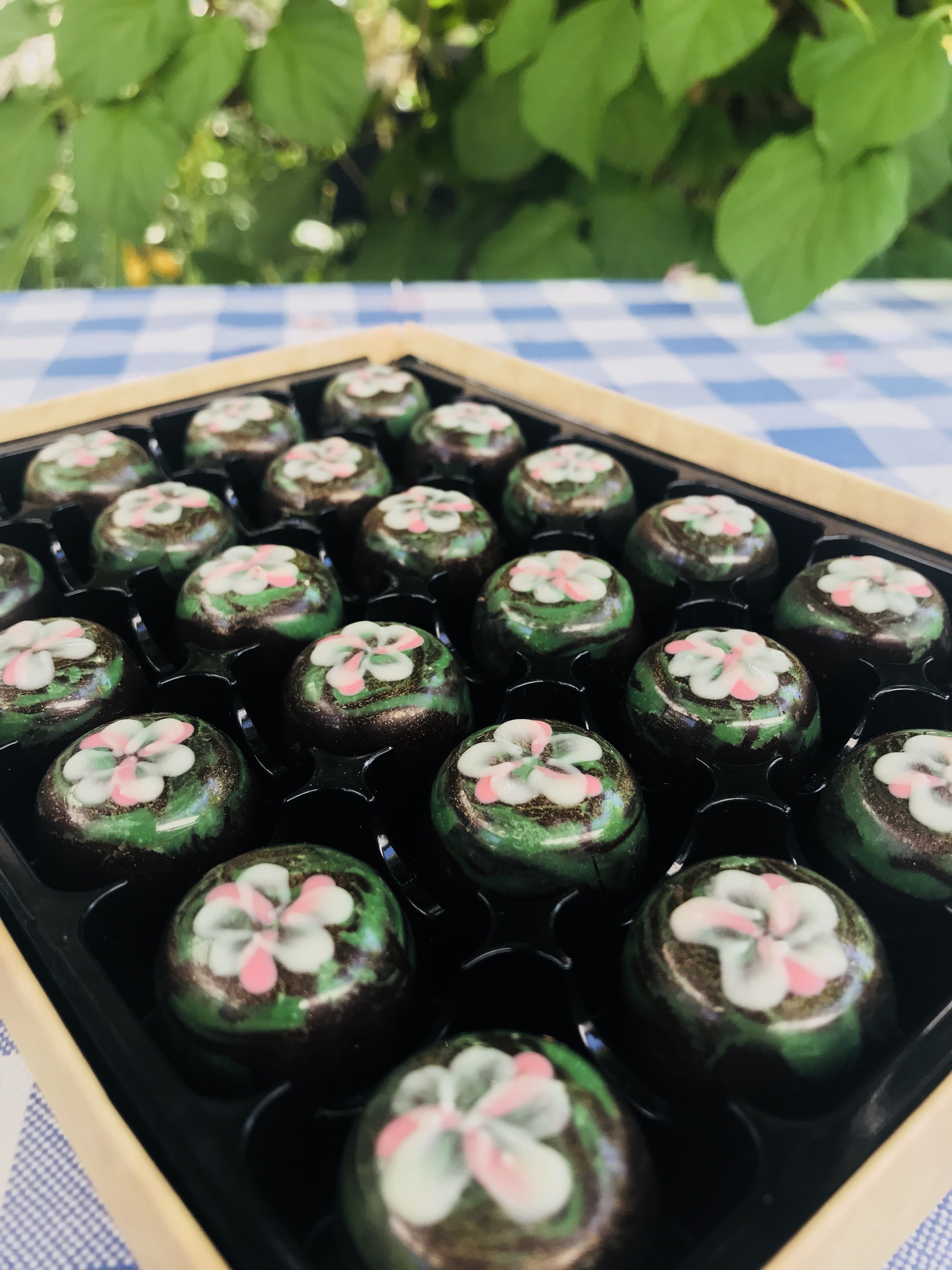 A tray of round pastries with pink and white icing on a checkered tablecloth.
